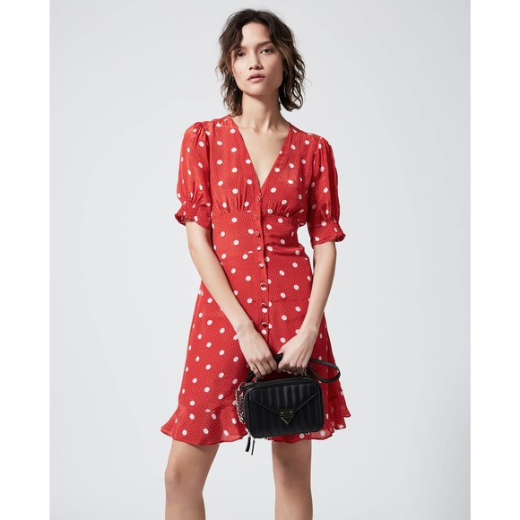 The Kooples Dresses & Skirts - The Kooples Printed Polka Dot Smocked Puff Sleeve Mini Dress Red Women's Size 1